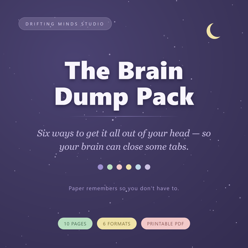 The Brain Dump Pack — 6 printable formats for racing ADHD thoughts, Drifting Minds Studio
