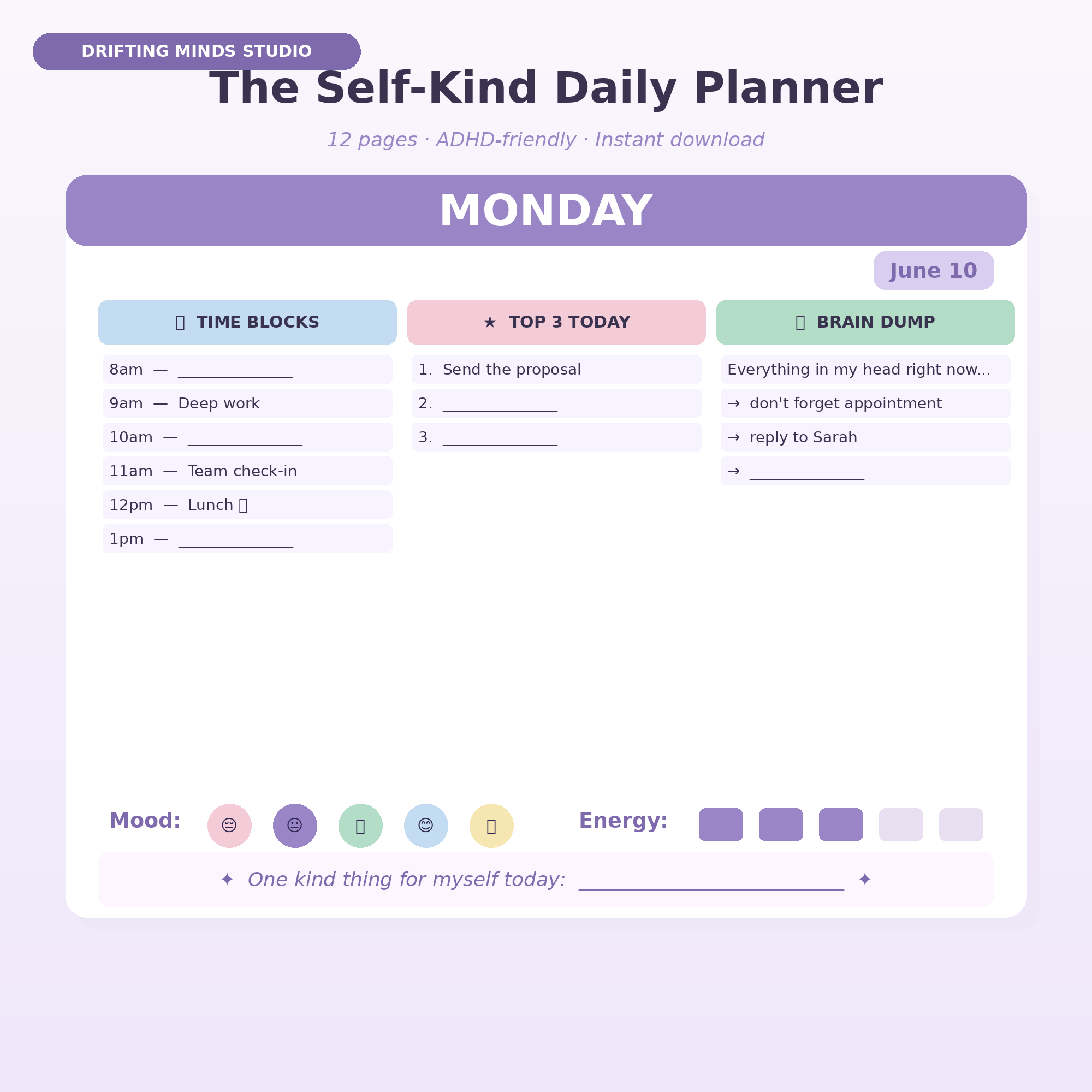 The Self-Kind Daily Planner - ADHD-friendly 12-page printable cover