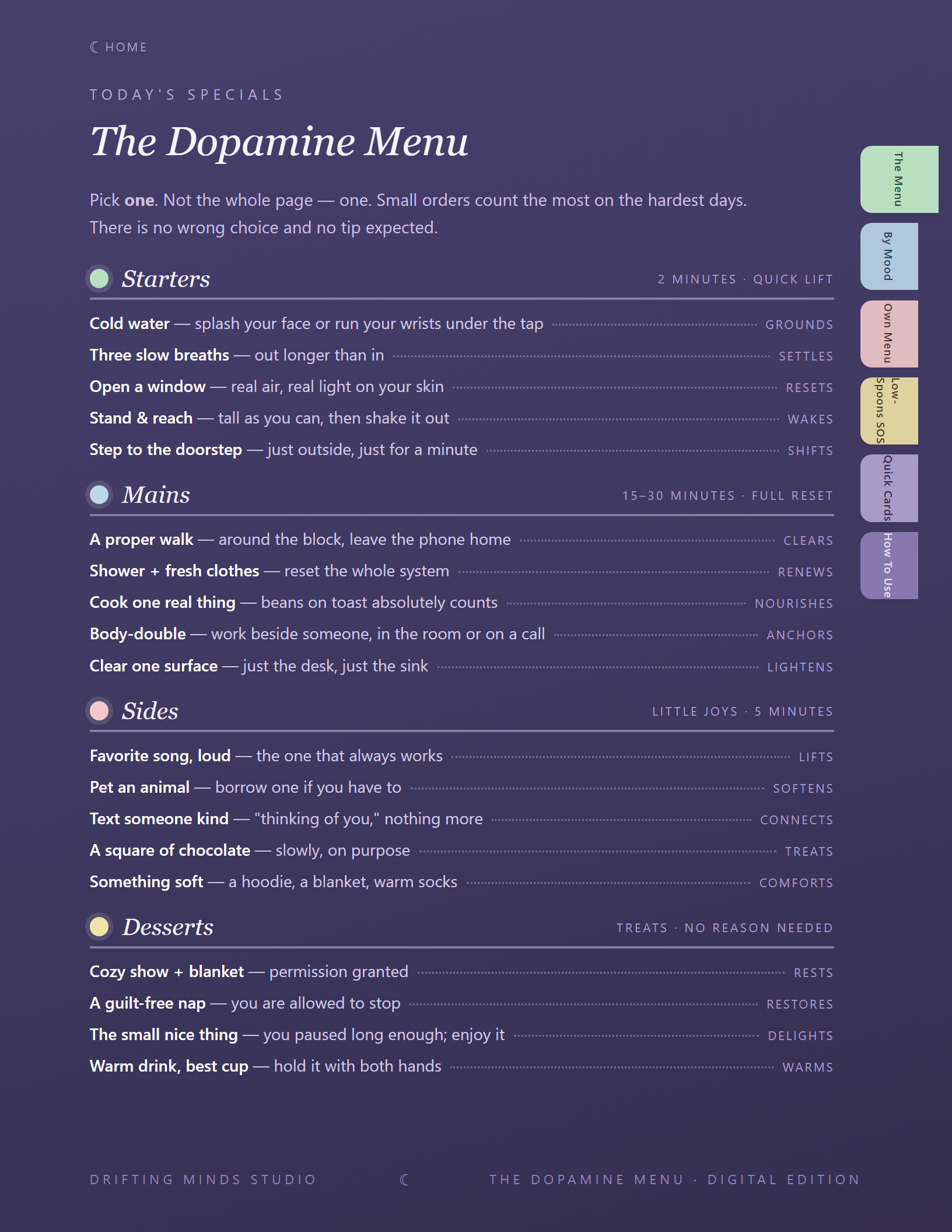 The Menu page, dark edition, with tab navigation on the right