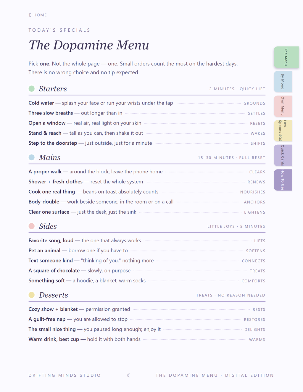 The Menu page, light edition, with tab navigation on the right