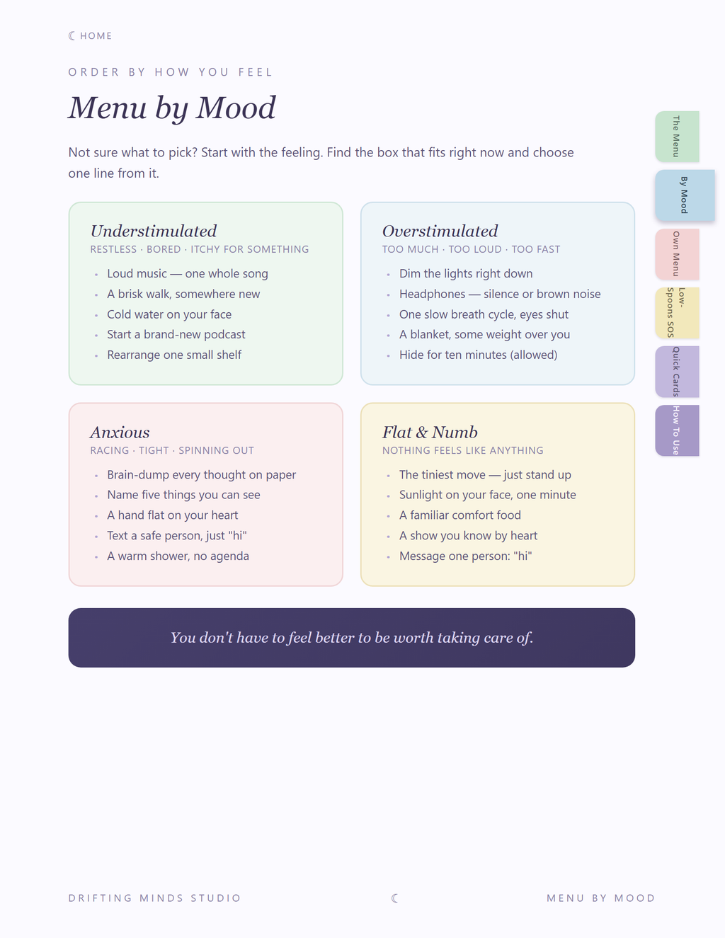 Menu by Mood page with four mood cards