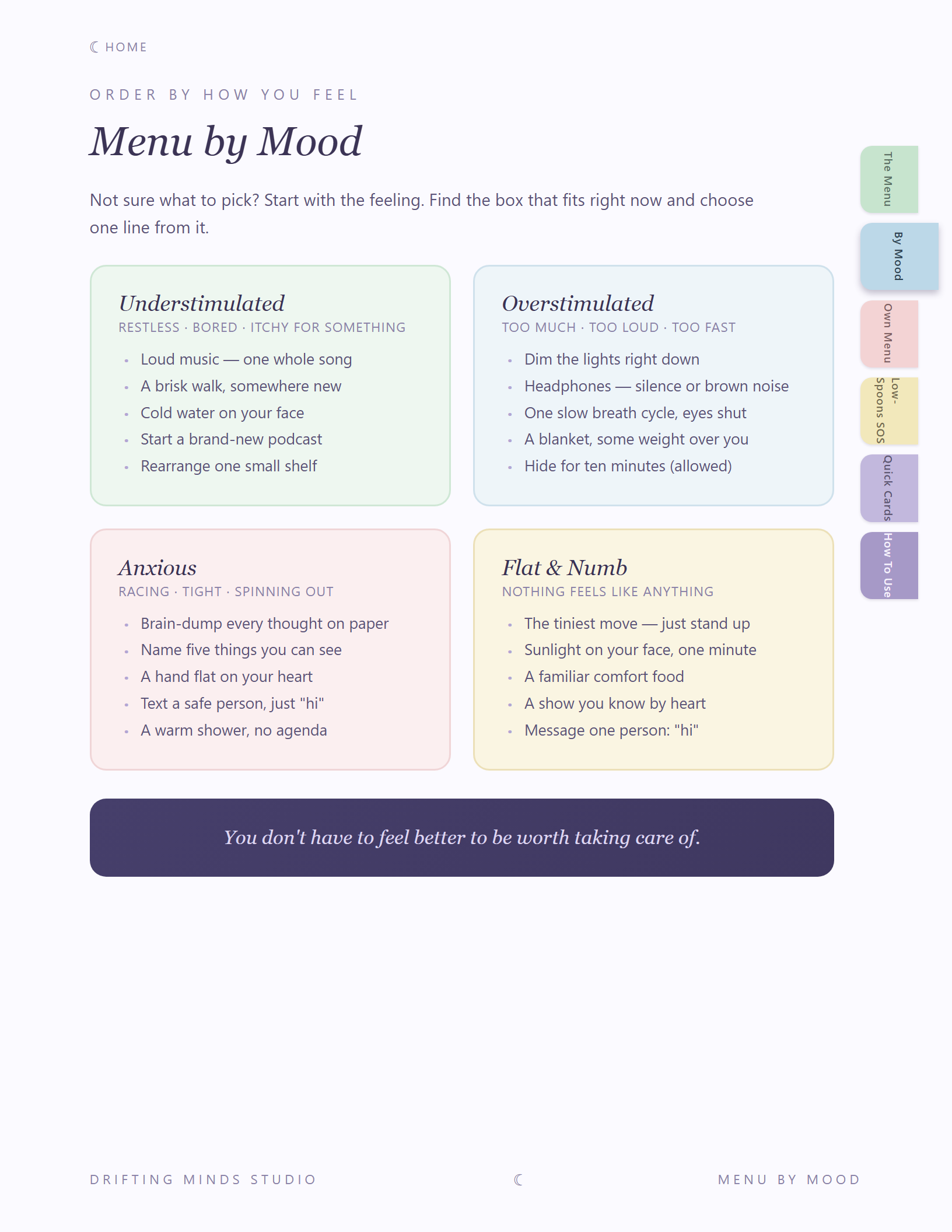 Menu by Mood page with four mood cards
